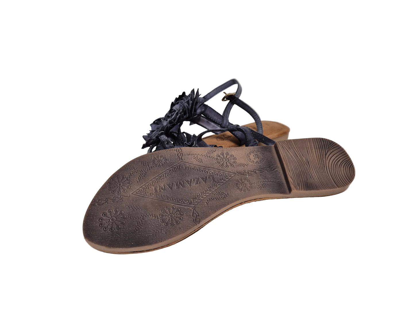 Lazamani Sandalette Zehentrenner Batik Blume, schwarz-grau, Gr. 39